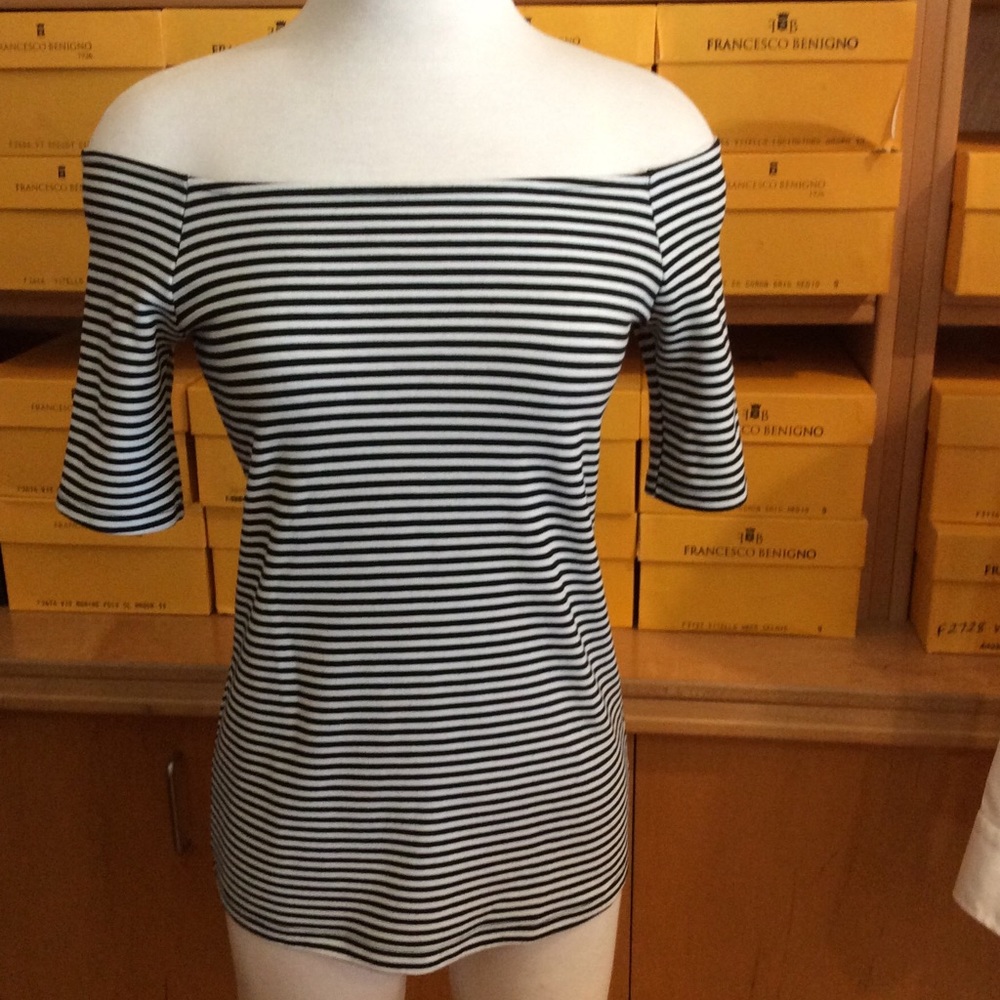 Splendid of the shoulder top. Black/white striped. So ooh Lala!
